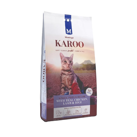 Karoo Adult Cat Chicken & Lamb cat food bag, white with blue and purple accents, frontal view.