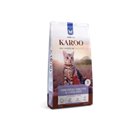 Karoo Adult Cat Chicken & Lamb Cat Food bag, standing upright, with an illustration of a tabby cat on the front.