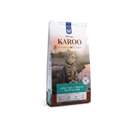 Karoo adult cat food bag with trout and lamb recipe, resealable beige pouch front view for adult cats.