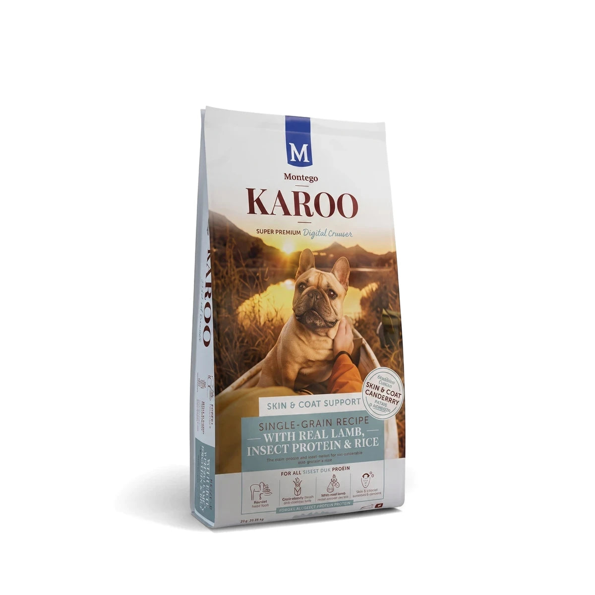 Karoo Adult-Targeted Care dog food bag featuring lamb and insect protein, with a dog illustration and brand logos.