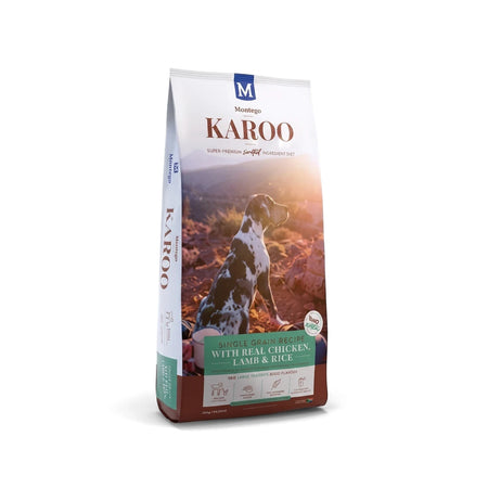 Montego Karoo Super-Premium Large Breed Puppy Dog Food bag with chicken, lamb, and rice, standing upright.