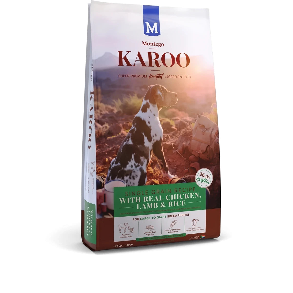 Karoo Dog Food Large Breed Puppy Chicken & Lamb formula in a large white and green bag with a dalmatian puppy graphic.