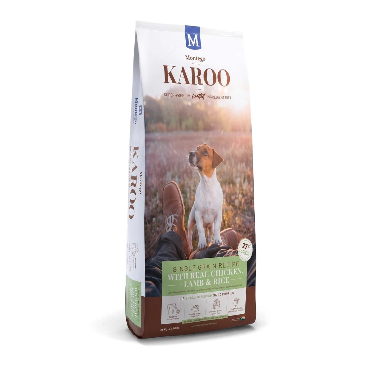 Montego Karoo Small Breed Puppy Dog Food bag, featuring a white, green, and brown design with a puppy graphic, standing