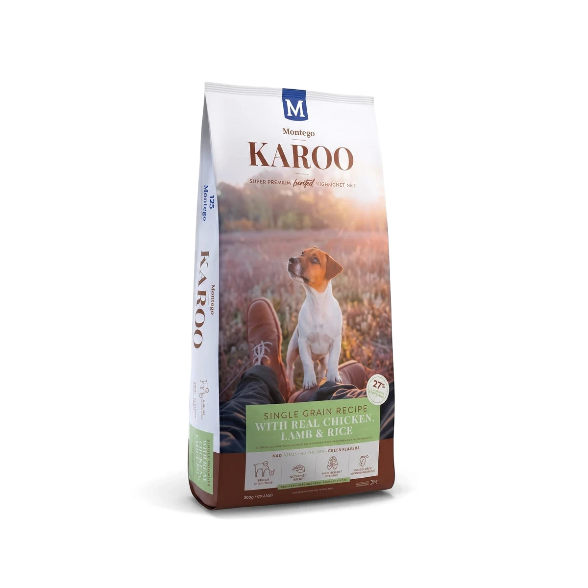Karoo Dog Food Small Breed Puppy Chicken & Lamb dry dog food in a branded bag, prominently displayed.