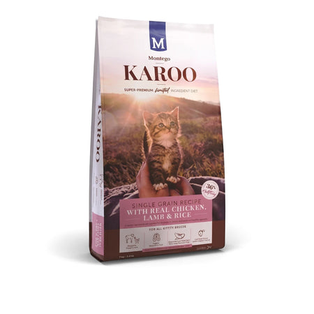 Montego Karoo Kitten Chicken & Lamb dry cat food bag, white and brown, featuring a kitten on the front.