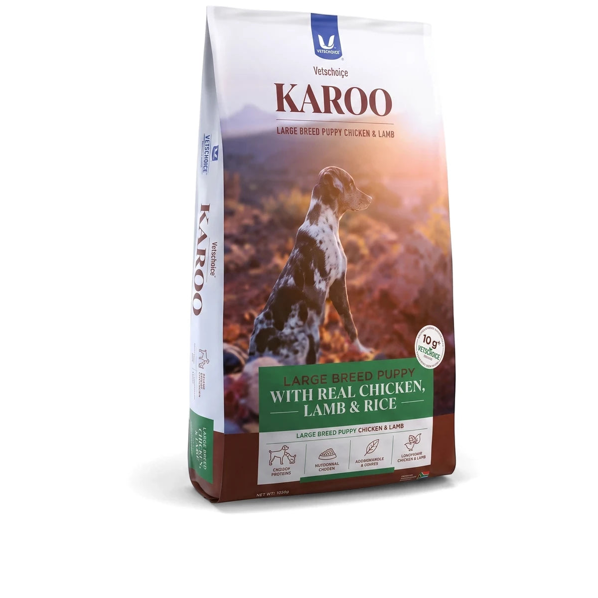 Karoo Large Breed Puppy Chicken & Lamb Dog Food bag, white, brown, and green packaging with a dog silhouette and natural