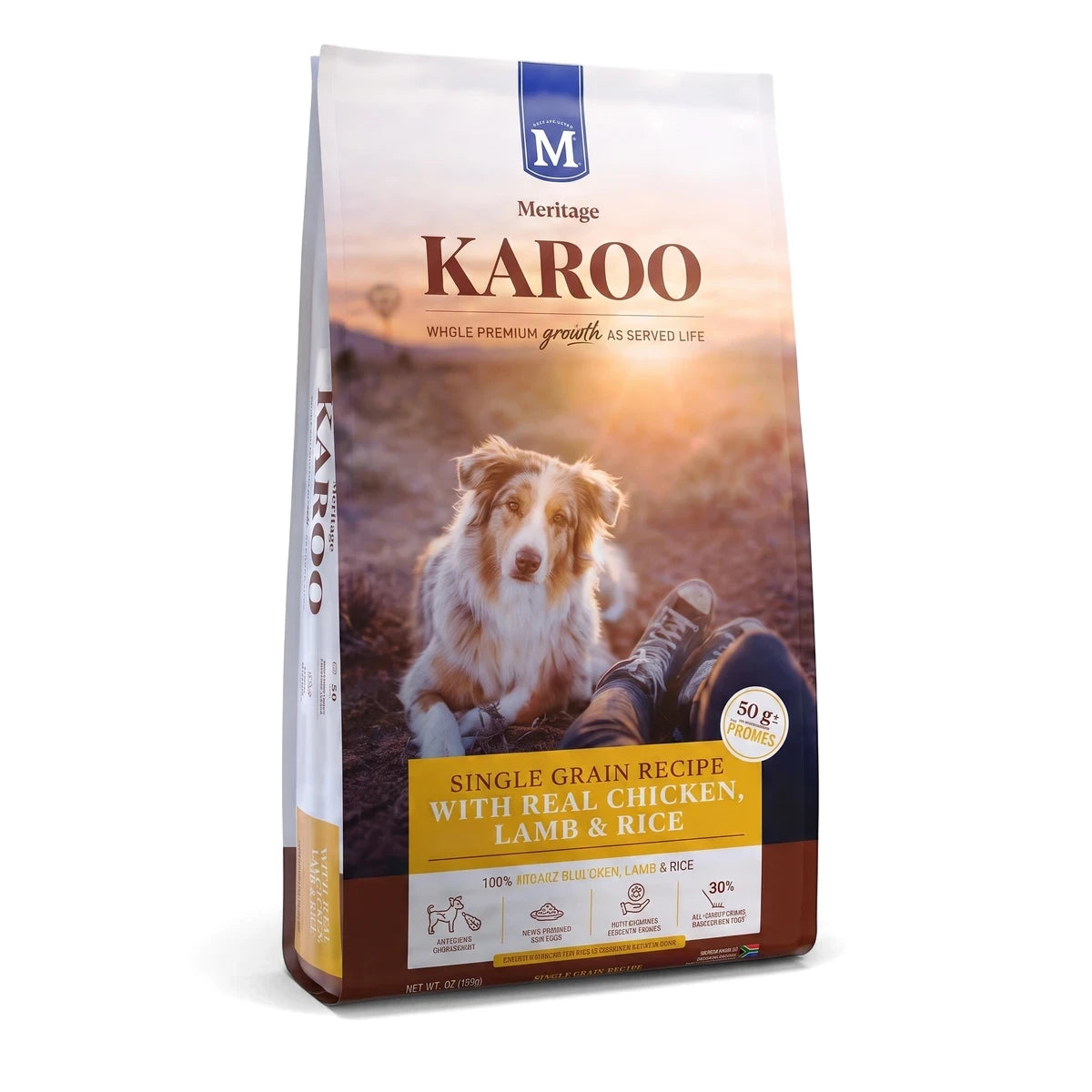 Karoo Senior Chicken & Lamb Dog Food bag, white, blue, and brown, standing upright with an Australian Shepherd graphic.