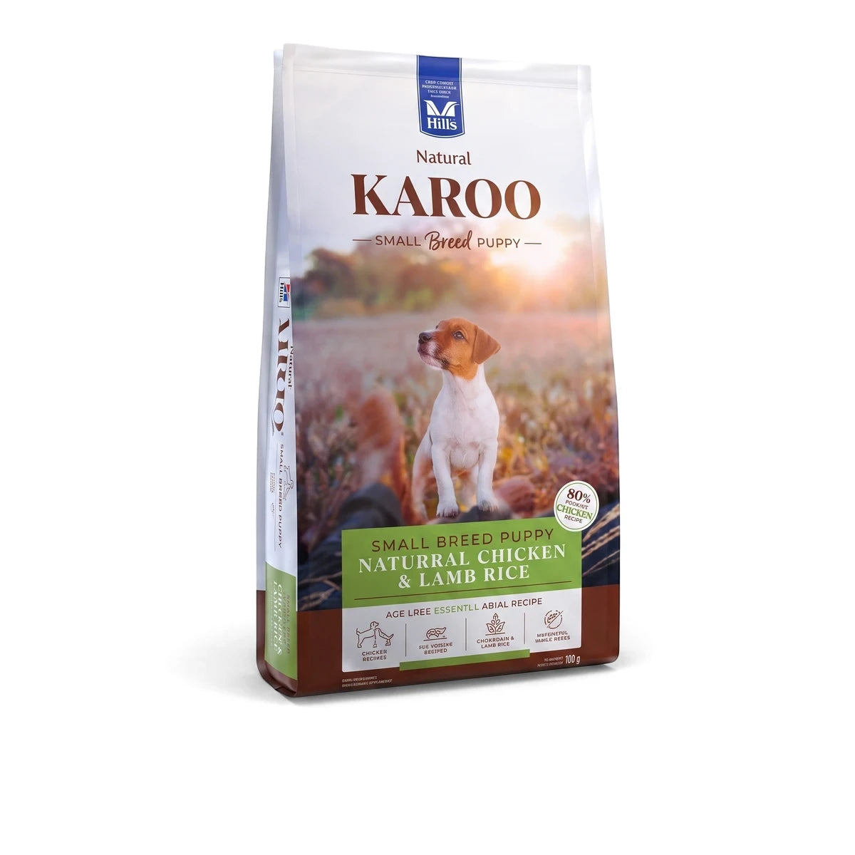 Karoo Small Breed Puppy Chicken & Lamb Dog Food in a stand-up white, green, and brown bag with a puppy on the front.
