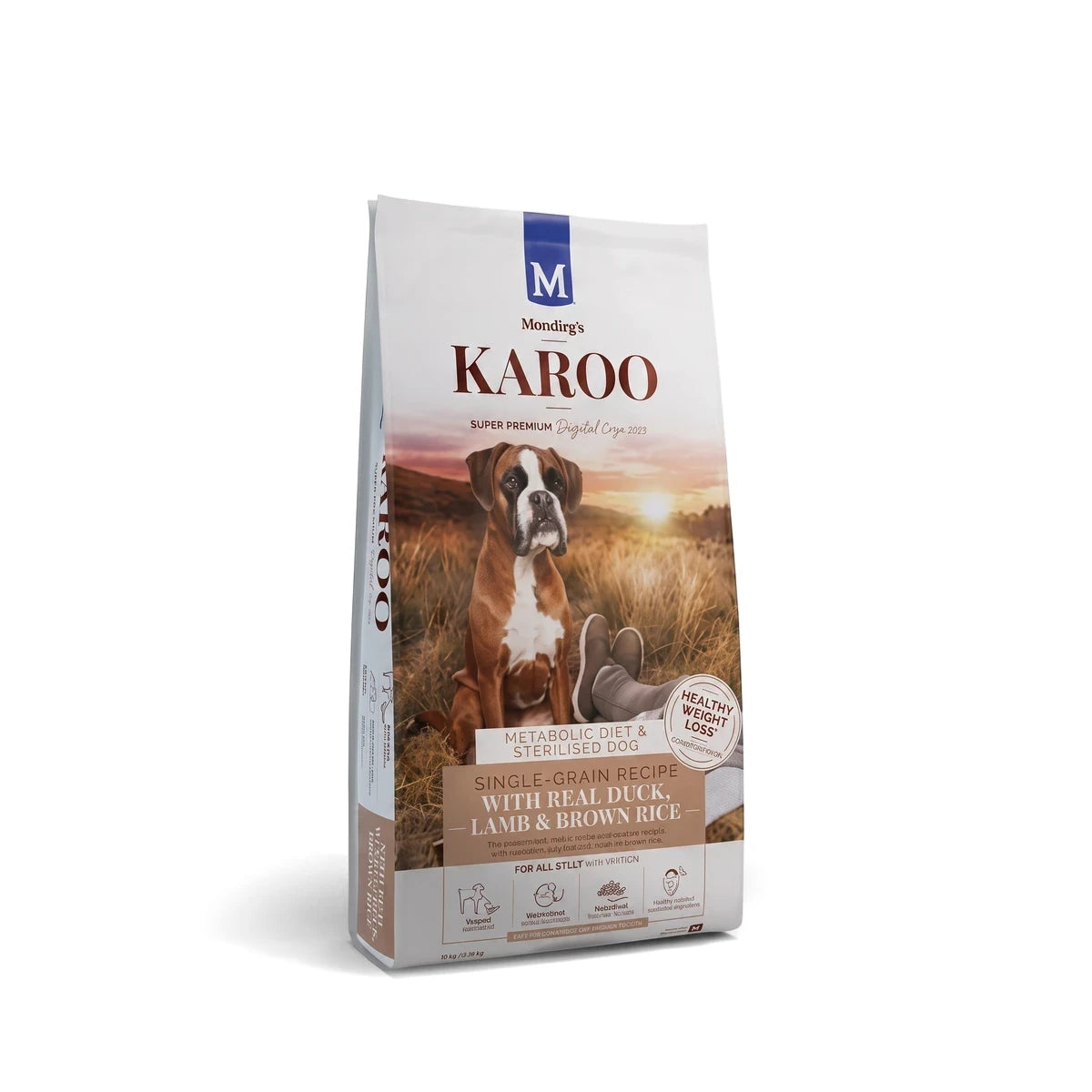 Karoo Super Premium Quality Dog Food bag for adult dogs, featuring duck, lamb, and brown rice, presented in a large white