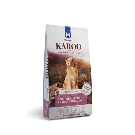 Karoo Super-Premium Dog Food Adult-Targeted Care with Turkey, Lamb & Brown Rice in a white and purple bag featuring a golden