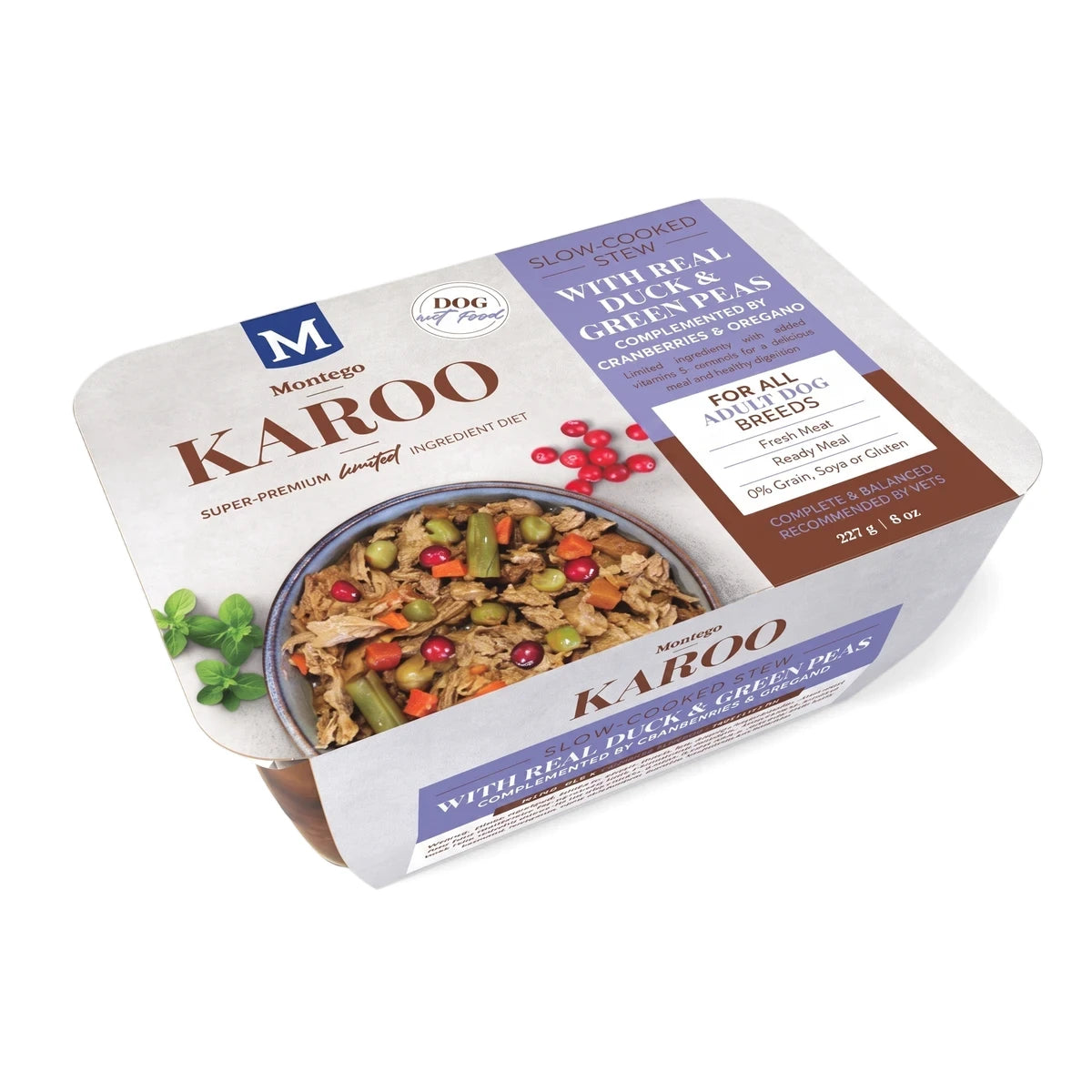 Montego Karoo Slow-Cooked Stew wet dog food with real duck, green peas, and cranberries in a sealed container.