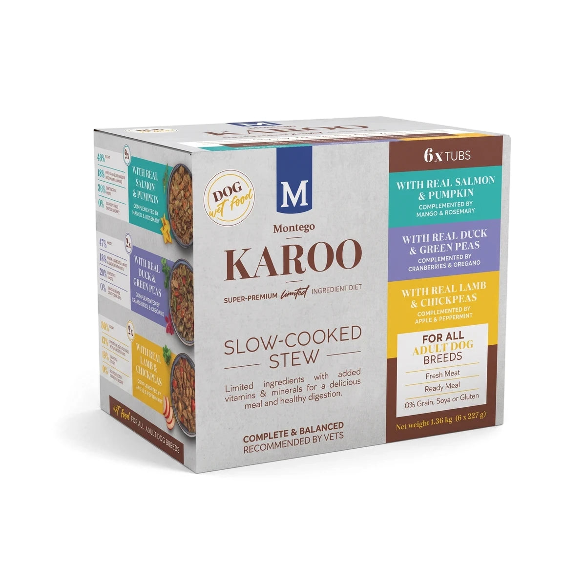 Montego Karoo Wet Adult Multi Dog Food, slow-cooked stew variety pack with salmon, duck, and lamb flavors in 6 tubs.