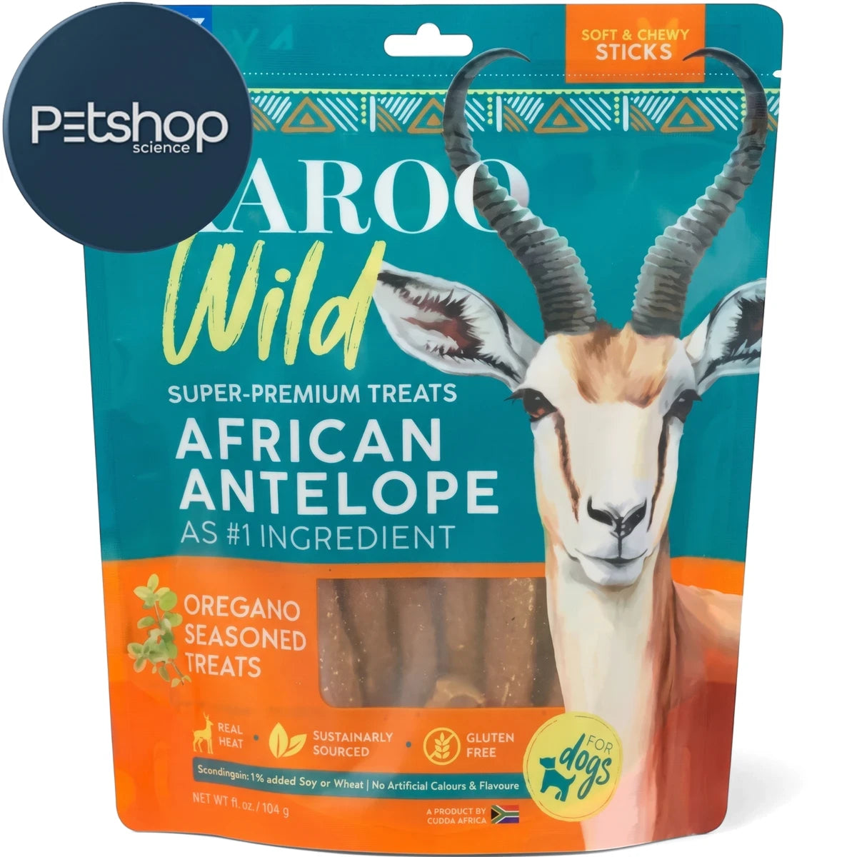 Karoo Wild African Antelope Oregano Seasoned Treats Sticks Dog Food in a teal and orange pouch with an antelope graphic.