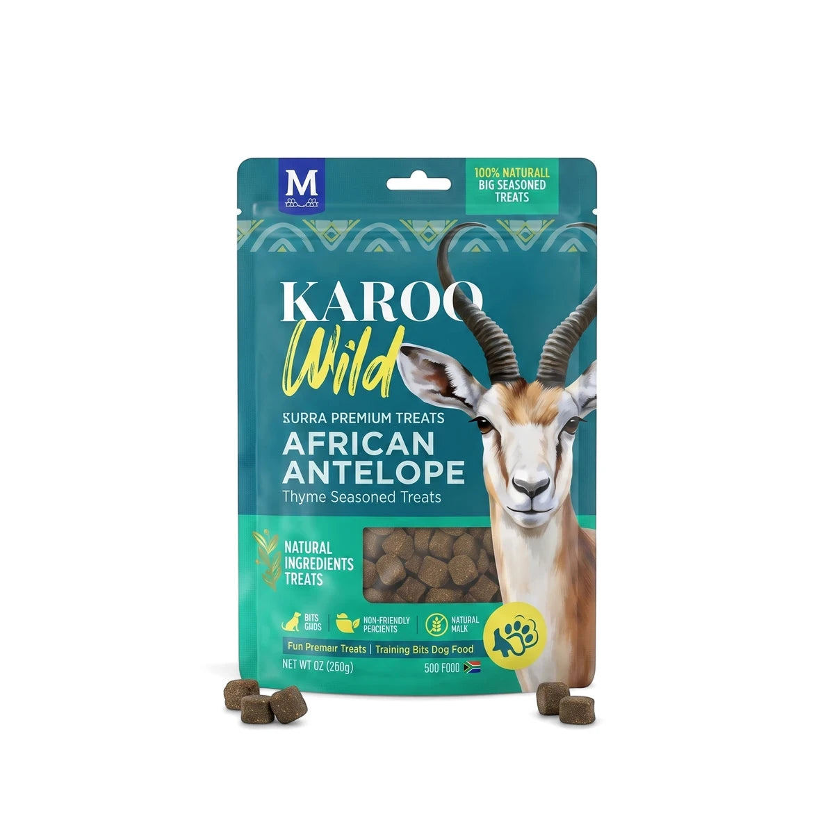 Karoo Wild African Antelope Thyme Seasoned Training Bits Dog Food in a teal and green pouch with scattered treats.