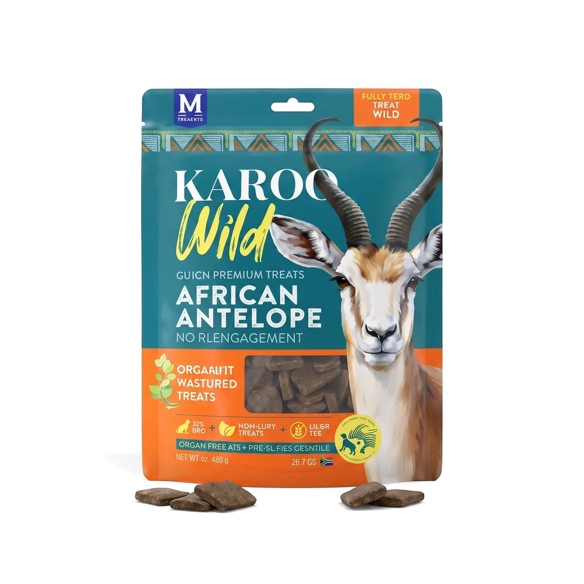Karoo Wild Oregano Seasoned Treats Trail Bites dog food bag, featuring an African Antelope graphic, with scattered brown