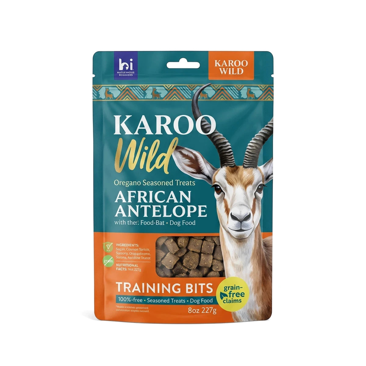 Karoo Wild Oregano Seasoned Treats Training Bits for dogs in a teal and orange pouch with a springbok graphic and clear