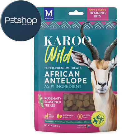 Karoo Wild Rosemary Seasoned Treats Training Bits for dogs in a teal and pink pouch with an African antelope illustration.