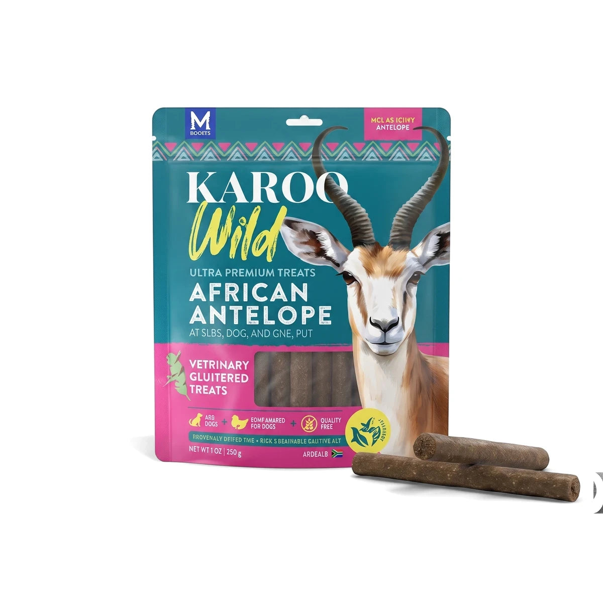 Karoo Wild Rosemary Seasoned Treats Sticks Dog Food package with African Antelope branding and several brown treat sticks.