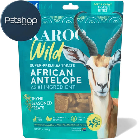 Karoo Wild Thyme Seasoned Treats Trail Bites Dog Food in a teal bag featuring a springbok illustration, soft and chewy.