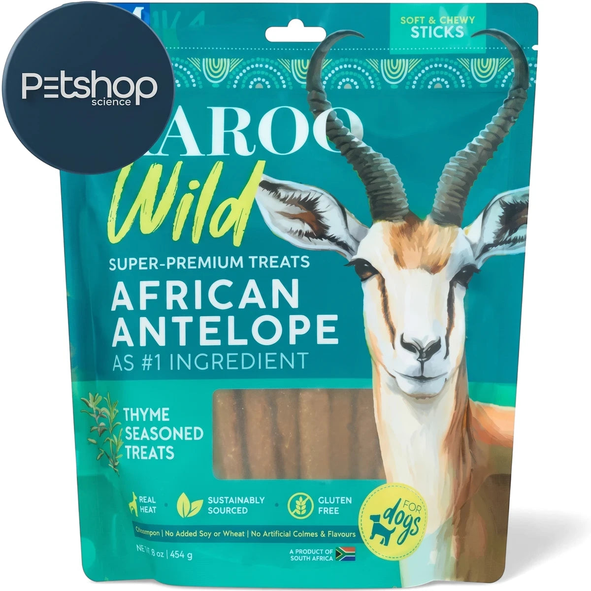 Karoo Wild Thyme Seasoned Treats Sticks for dogs, featuring African antelope, in a soft and chewy pouch.