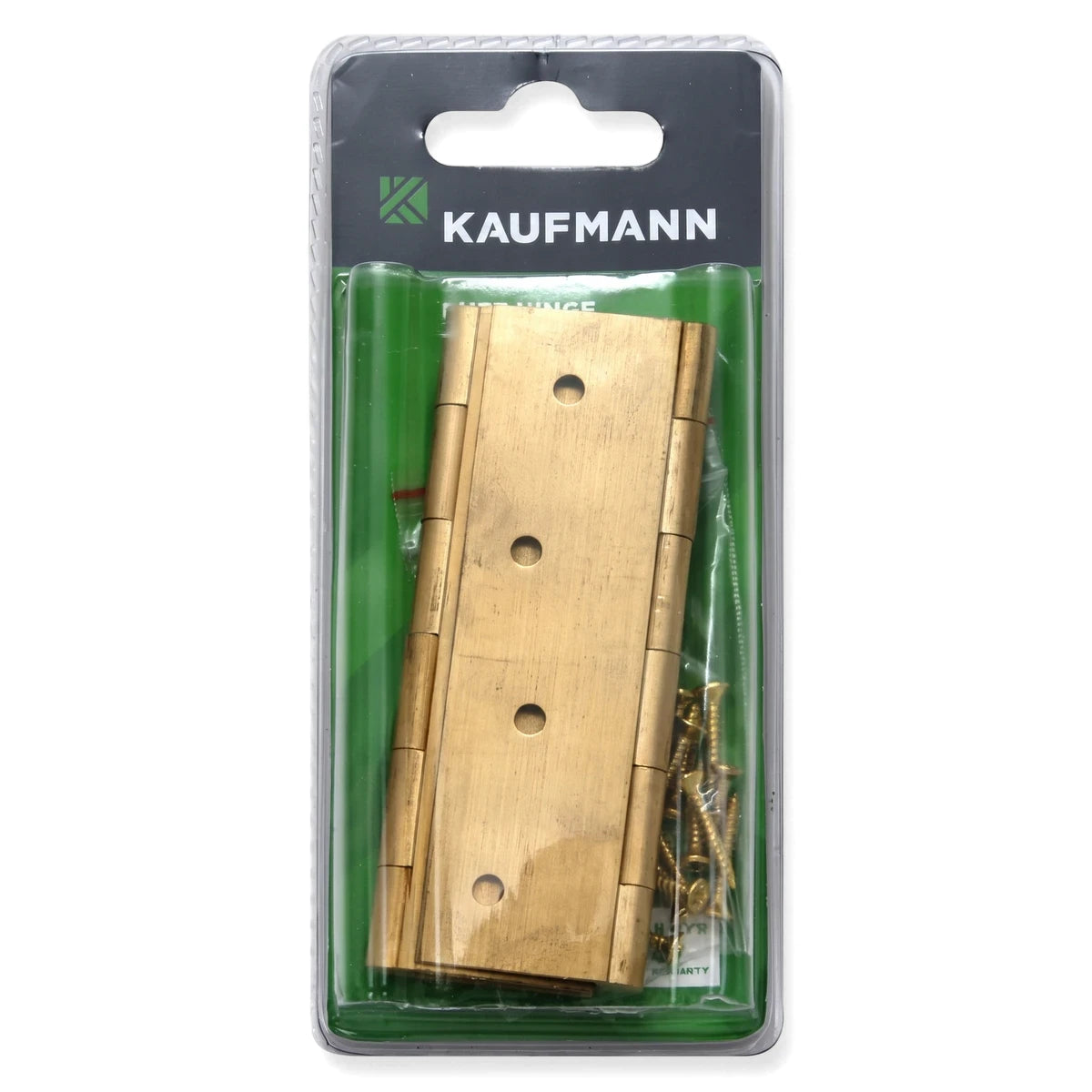 Pair of 100mm Kaufmann brass hinges and screws, clearly visible through transparent plastic packaging on a white background.