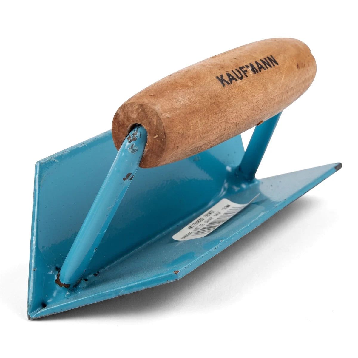 A blue metal Kaufmann sharp inside corner trowel with a wooden handle, viewed at an angle on a white background.