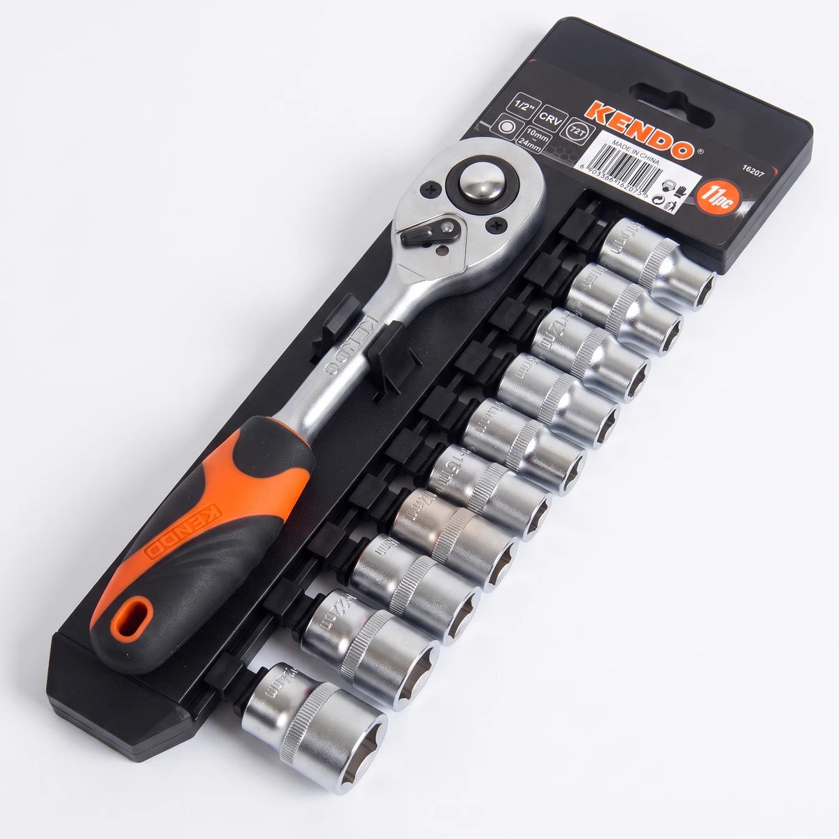 Kendo 1/2-inch drive 11-piece socket set with chrome vanadium ratchet and 10mm-24mm sockets in black and orange packaging.