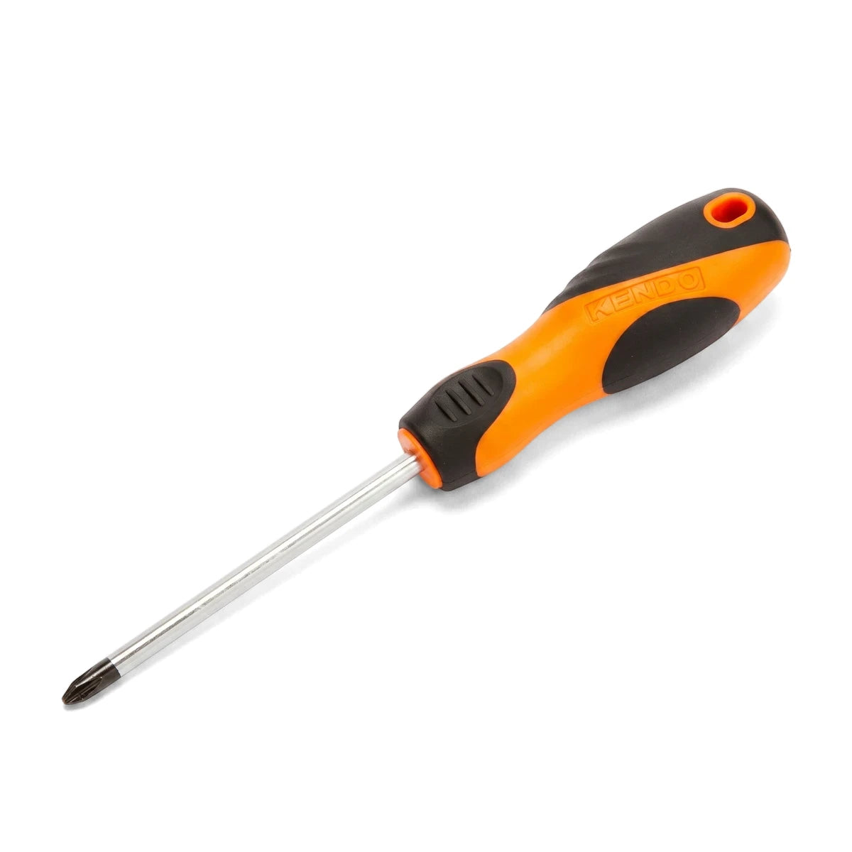 Orange and black Kendo Phillips screwdriver with a metal shaft, Ph2 x 100mm size, lying diagonally on a white background.