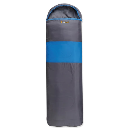 A grey and blue Ozark Trail Kennedy Hooded Sleeping Bag, 70 x 215cm, displayed vertically against a white background.