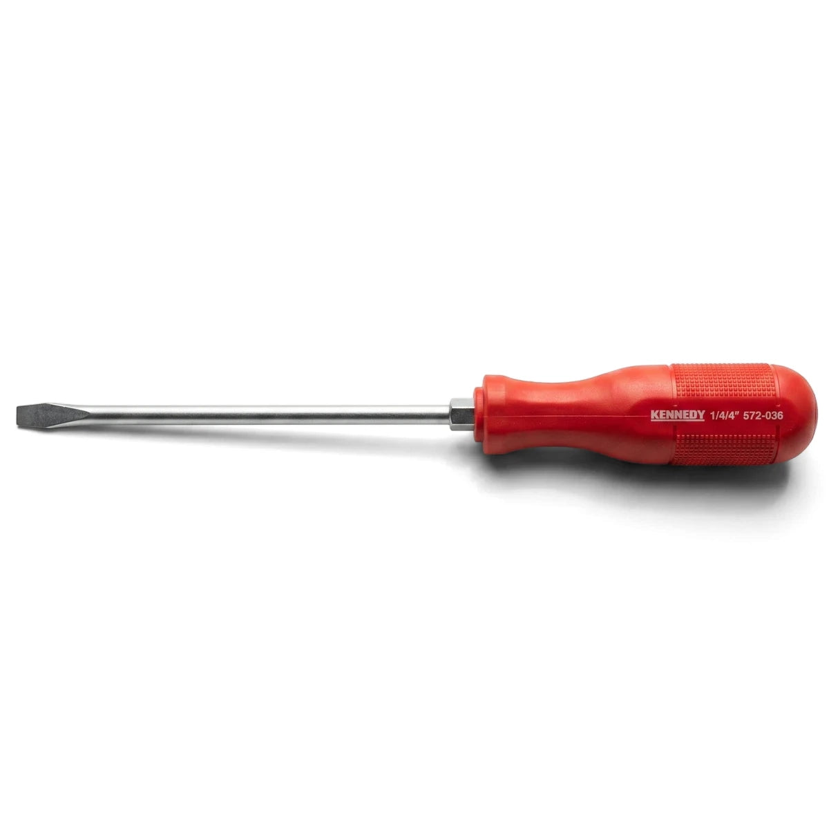 Kennedy slotted screwdriver with a red handle and silver shaft, shown horizontally. A versatile hand tool for turning screws.