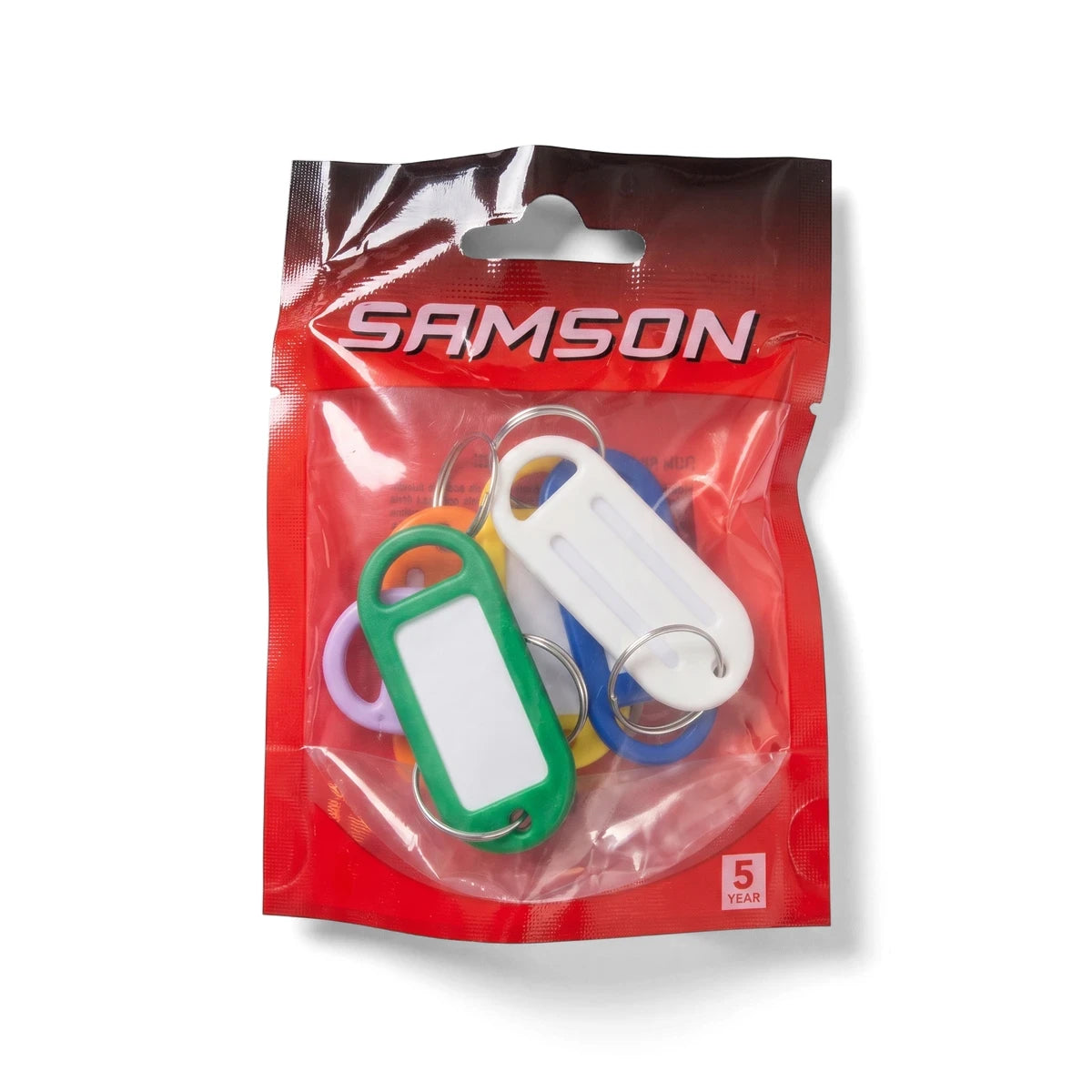 A pack of 6 colorful plastic key tags with write-on labels and metal rings, sealed in clear retail packaging for easy