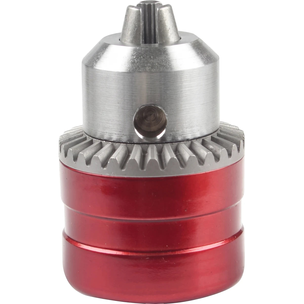 Close-up of a silver and red 13mm (1/2"-20Unf) keyed drill chuck, an essential power tool accessory.