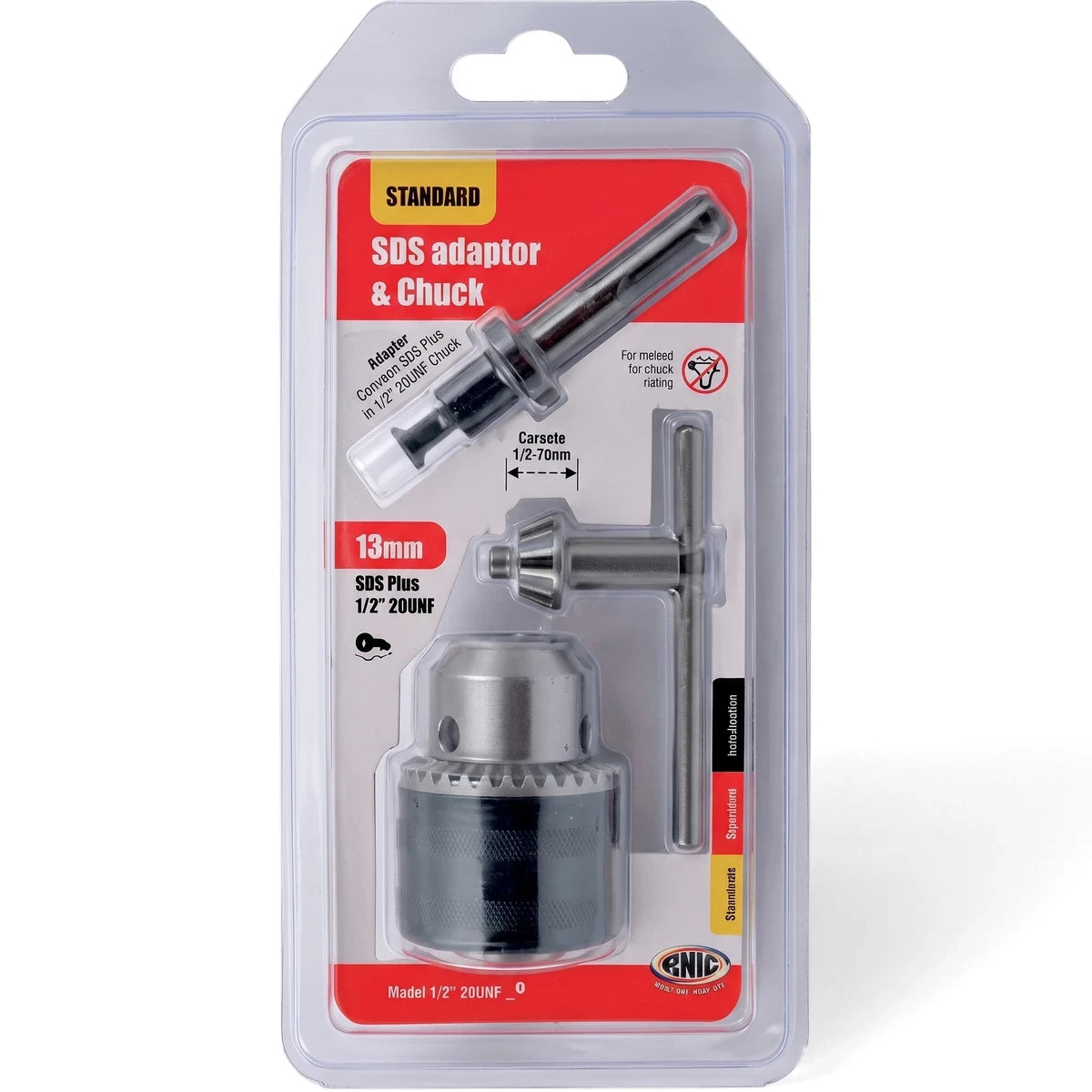 Keyed drill chuck with SDS adapter, 13mm, and chuck key displayed in clear retail blister packaging.