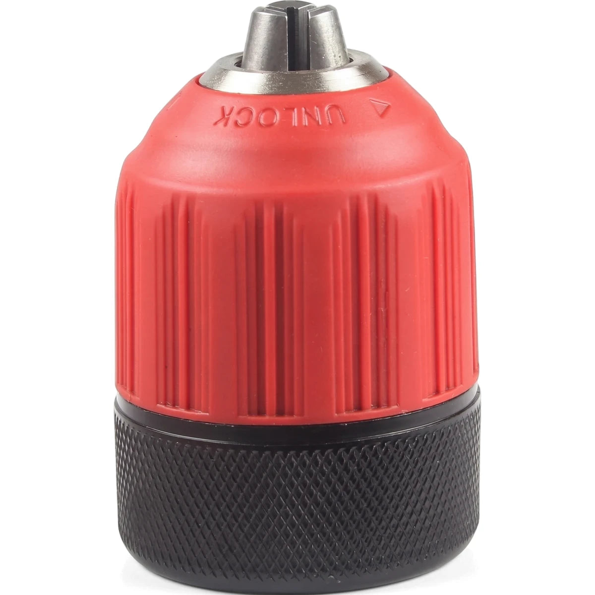 Red and black 13mm keyless drill chuck, a versatile power tool accessory for quick bit changes.