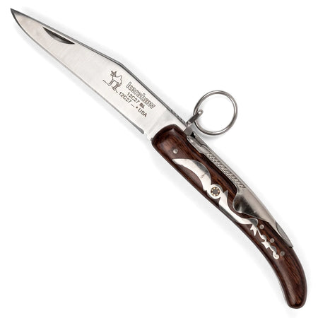 Keyring Lock Folder 4.50 inch folding knife with a stainless steel blade and dark brown wood handle, featuring a keyring.