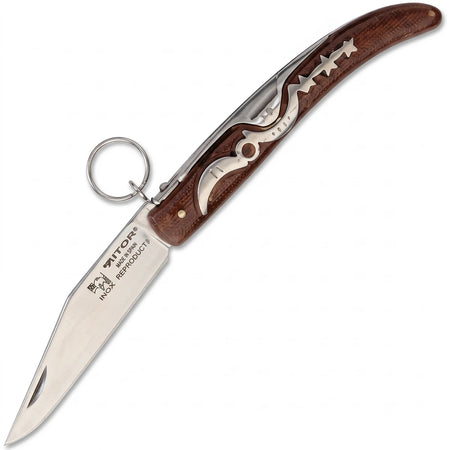 Keyring Lock Folder 4.50 inch Folding Knife with a brown wooden handle, silver-tone decorative inlays, and a sharp silver