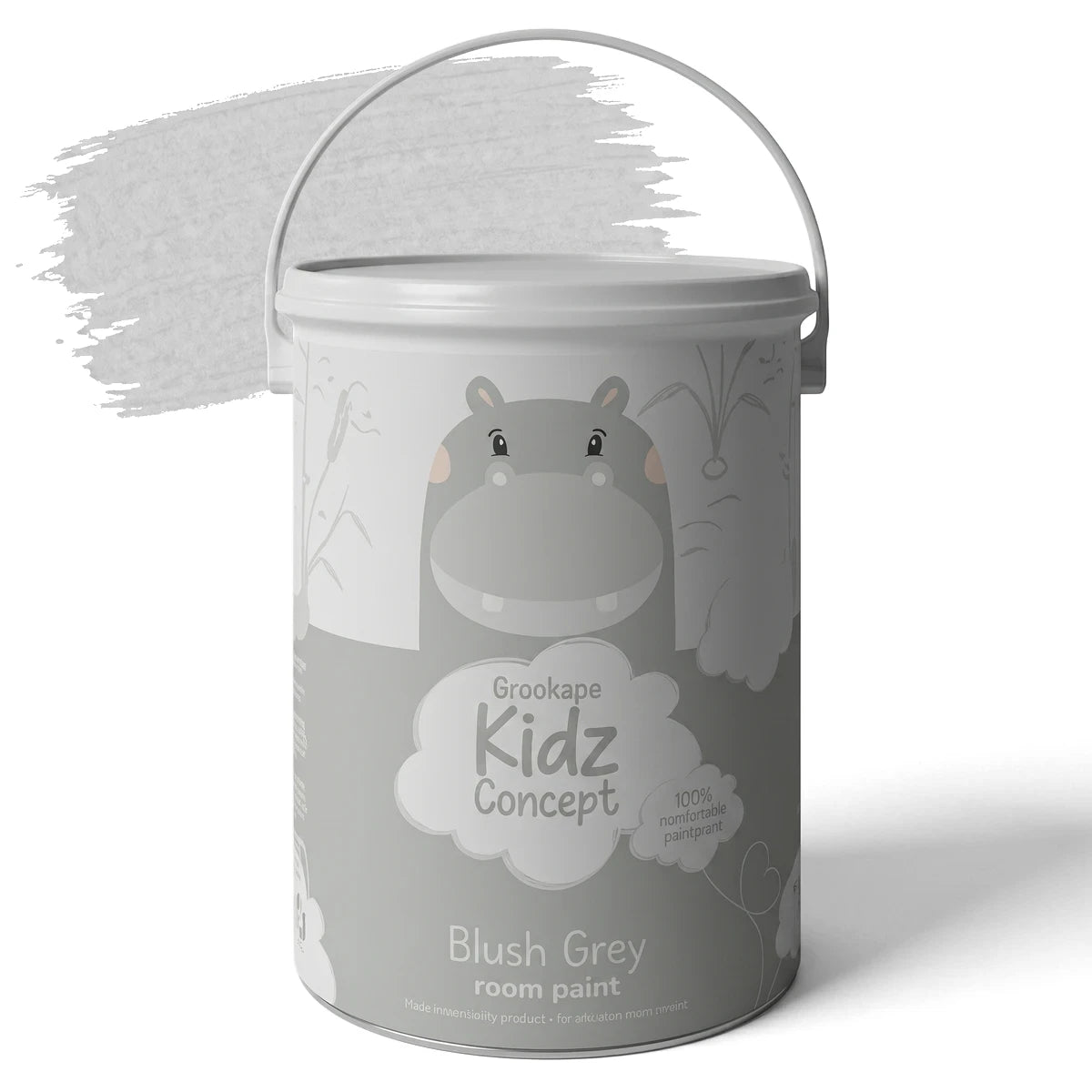Blush Grey Kidz Room Interior Paint 5 Litre container with a grey hippo illustration and paint swatch.