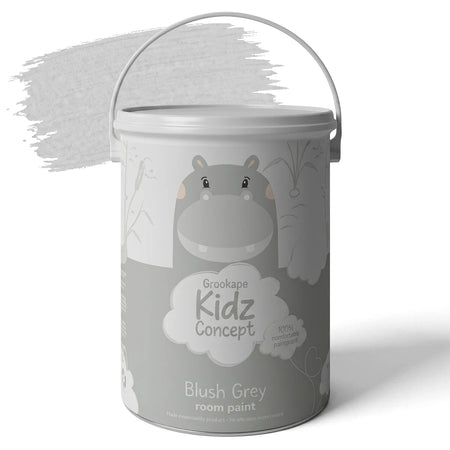Blush Grey Kidz Room Interior Paint 5 Litre container with a grey hippo illustration and paint swatch.