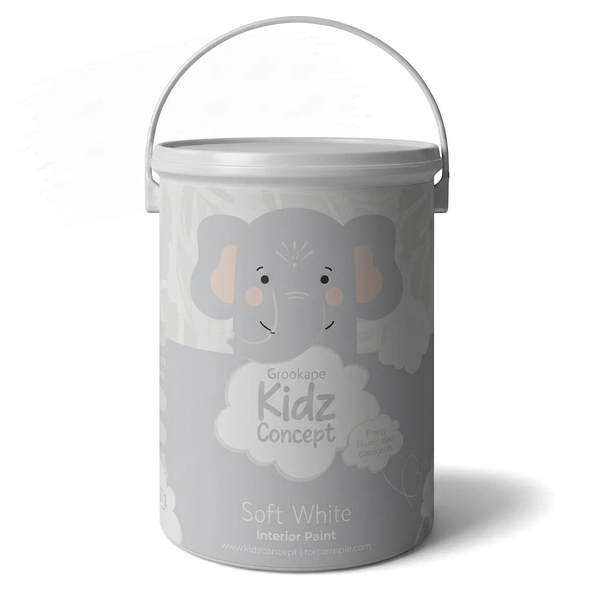 Kidz Room Interior Paint in a 5-litre bucket, featuring a soft white color and an adorable elephant design.