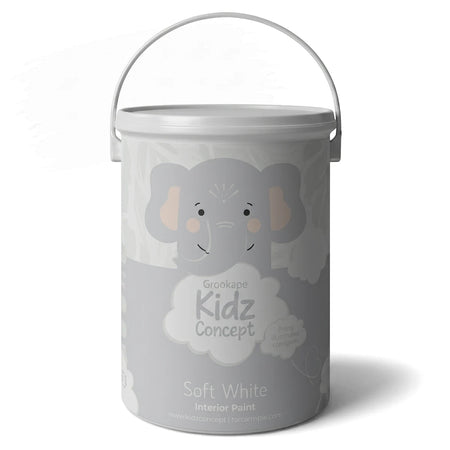 Kidz Room Interior Paint in a 5-litre bucket, featuring a soft white color and an adorable elephant design.