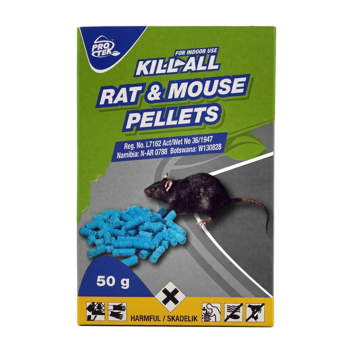 Kill-All Pellets 50G Rodent Repellent box, green and blue, featuring a rat illustration and blue pellets, shown upright.