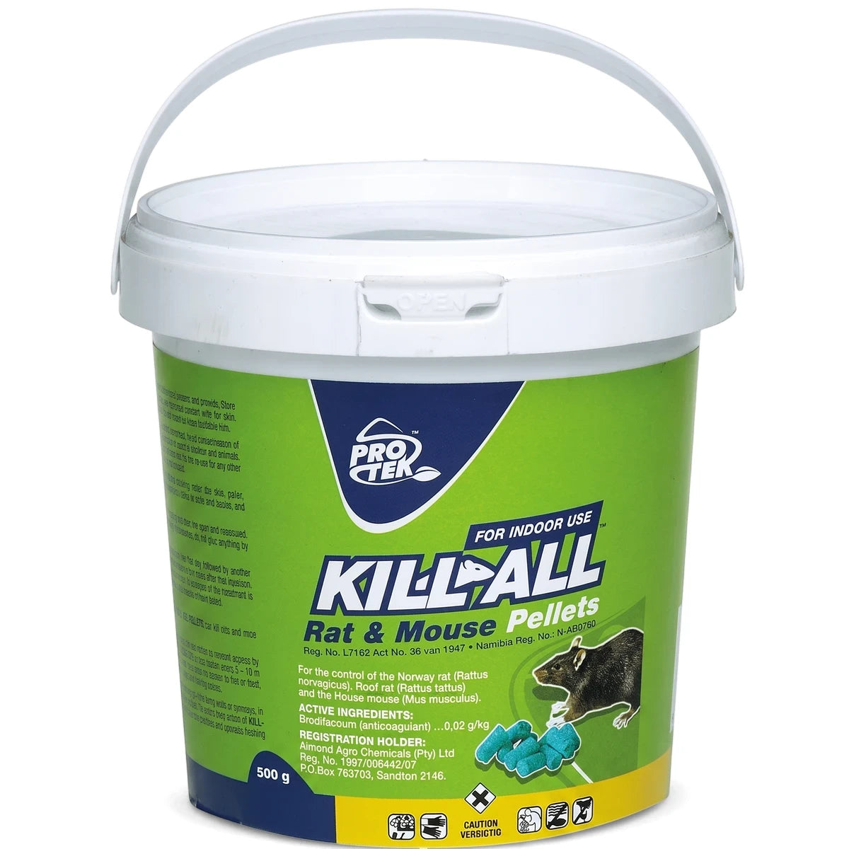 Kill-All Rat & Mouse Pellets 500g rodent repellent in a white and green plastic bucket with a handle.