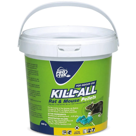 Kill-All Rat & Mouse Pellets 500g rodent repellent in a white and green plastic bucket with a handle.