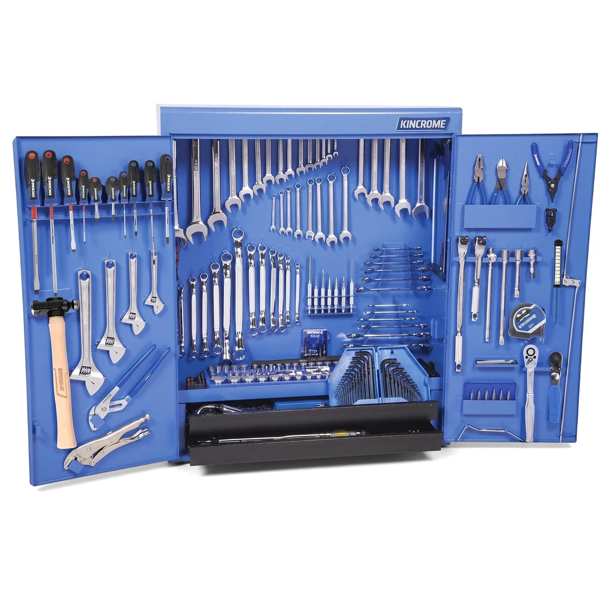 A blue Kincrome Complete Wall Cabinet Tool Kit with doors open, showcasing an organized collection of wrenches,