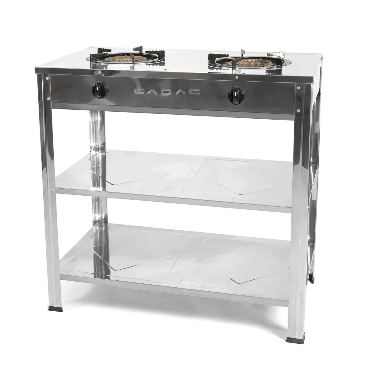 King Gas Stove, made of stainless steel, featuring two burners and two convenient storage shelves.