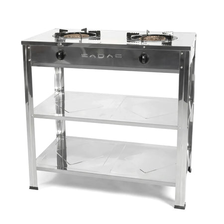 King Gas Stove, made of stainless steel, featuring two burners and two convenient storage shelves.