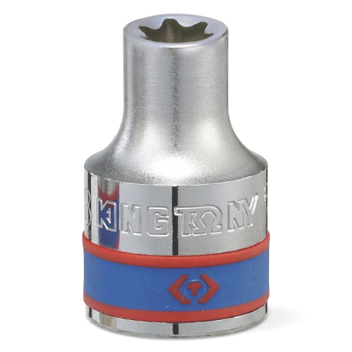A silver King Tony 1/2-Inch Drive Female Torx Socket, E24 size, with a blue and red rubber band, shown in a close-up.