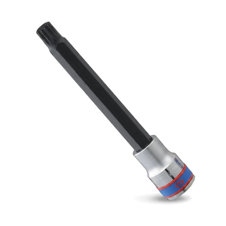 King Tony 1/2-inch drive long male Torx socket M10 with black shaft and silver base.