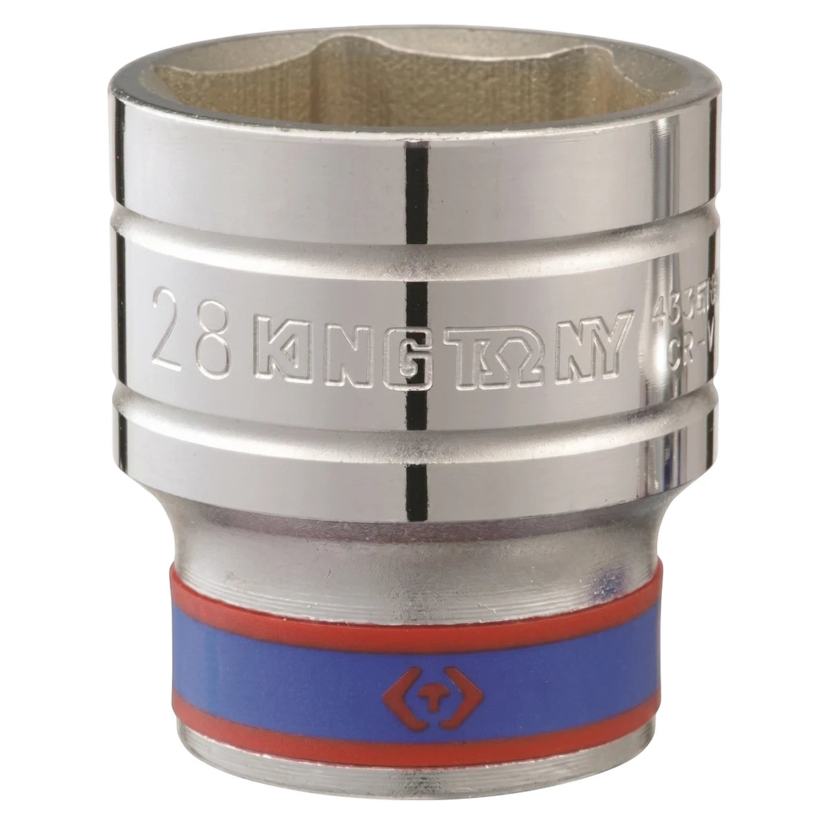 Metallic King Tony 28mm 1/2-inch drive 6-point hex socket, chrome-plated, featuring blue and red accents.