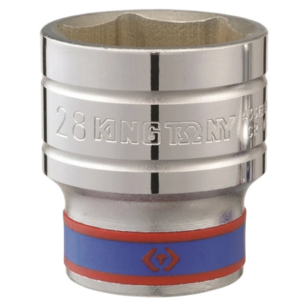 Metallic King Tony 28mm 1/2-inch drive 6-point hex socket, chrome-plated, featuring blue and red accents.